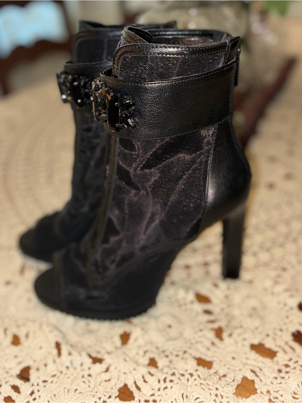 NWOT Karl Lagerfeld Paris Black Mesh Peep-Toe High Heel Booties - Picture 7 of 15